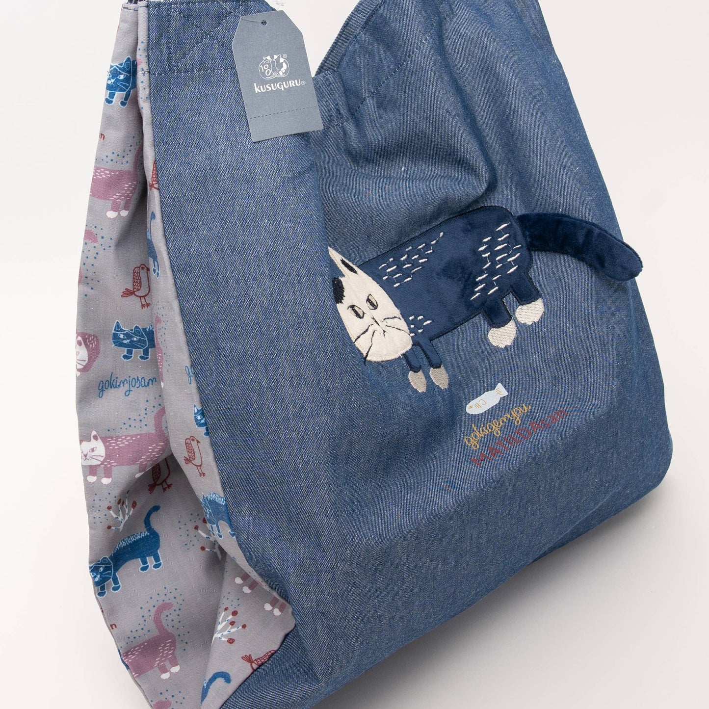 Kusuguru Japan Cats Embroidered Large Tote Bag - Blue