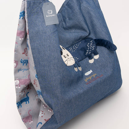 Kusuguru Japan Cats Embroidered Large Tote Bag - Blue