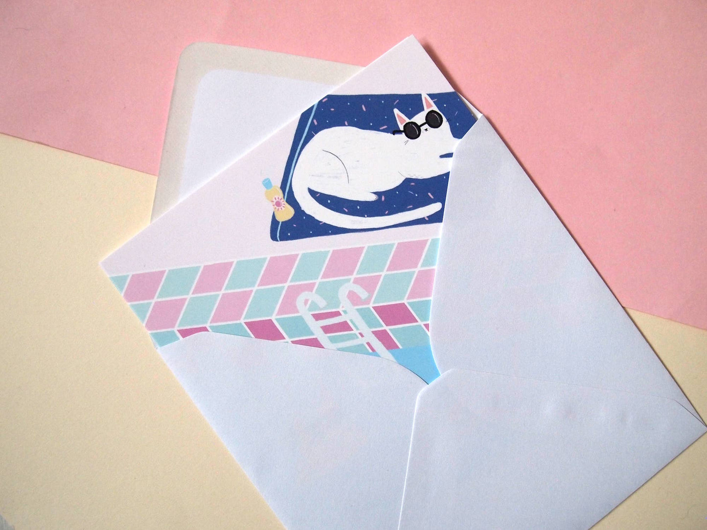 I LIKE CATS - Illustrated card, cats at the swimming pool greetings card