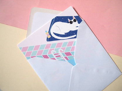 I LIKE CATS - Illustrated card, cats at the swimming pool greetings card