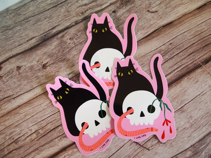 Black cat with skull illustrated vinyl sticker