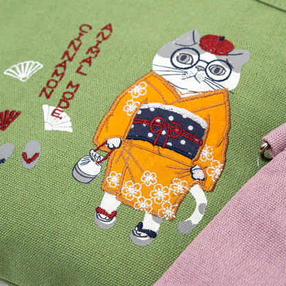 Kusuguru Japan Embroidered Kimono Cat Crossbody Bag