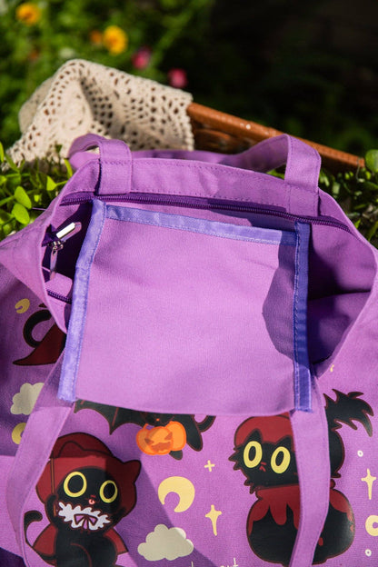 MikouArt - Vampire Cats Cotton Tote Bag | Inner Pocket + Zipper | 100% Cotton | Gift for Cat Lovers | Handmade, Durable and Functional