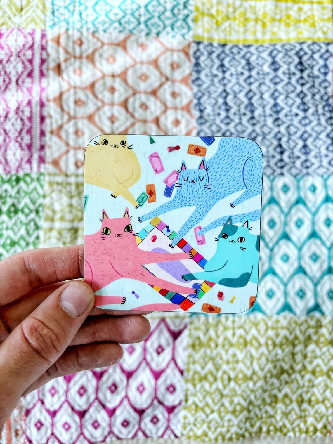 Cats playing board games illustrated drinks coaster