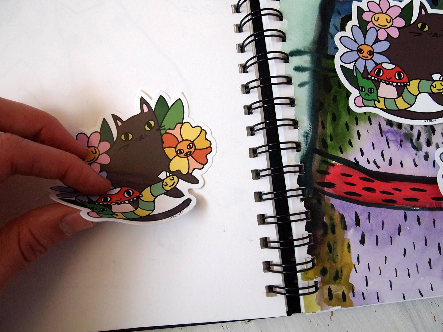 Black cat with flowers, bugs and mushroom vinyl sticker