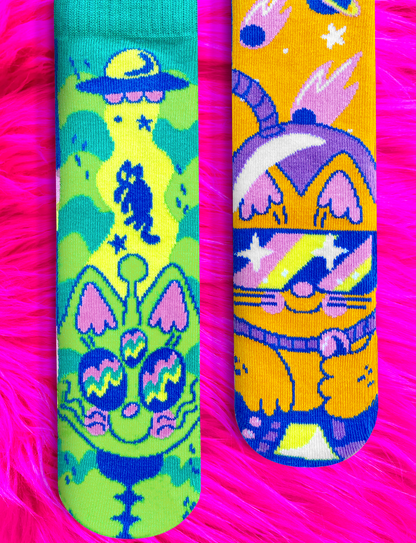 Outer Space Cats Mismatched Socks for Adults