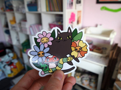 Black cat with flowers, bugs and mushroom vinyl sticker