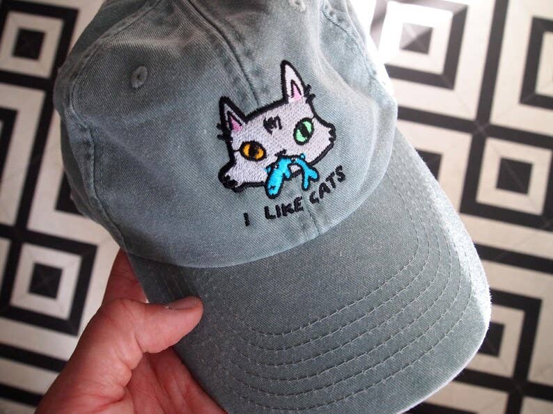 I LIKE CATS embroidered washed sage green vintage style baseball cap