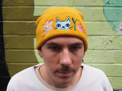 Cat and Flowers Embroidered mustard Knitted Beanie Hat