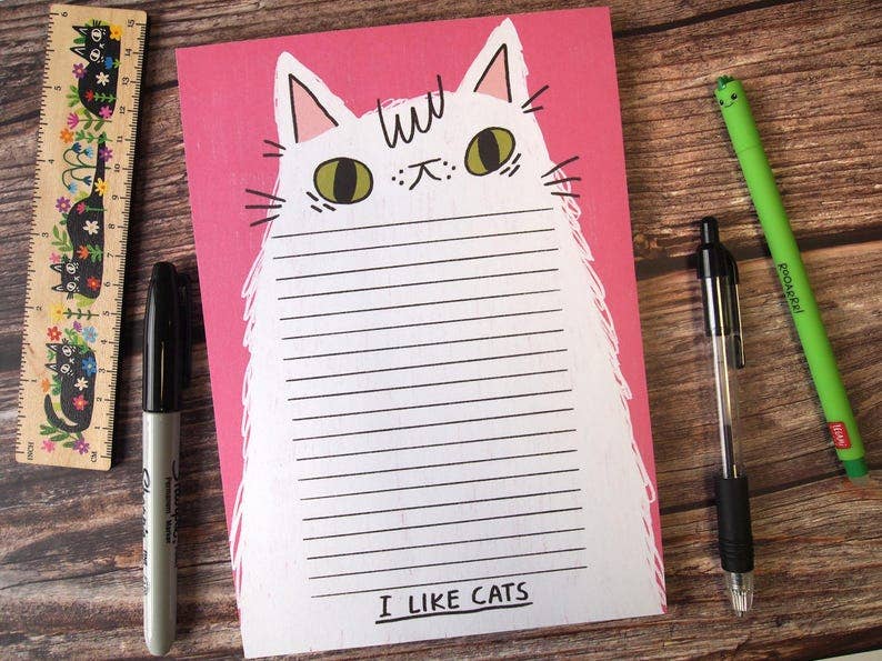 Fluffy white cat illustrated A5 notepad, Listpad,
