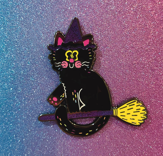 Rainbow witch cat pin