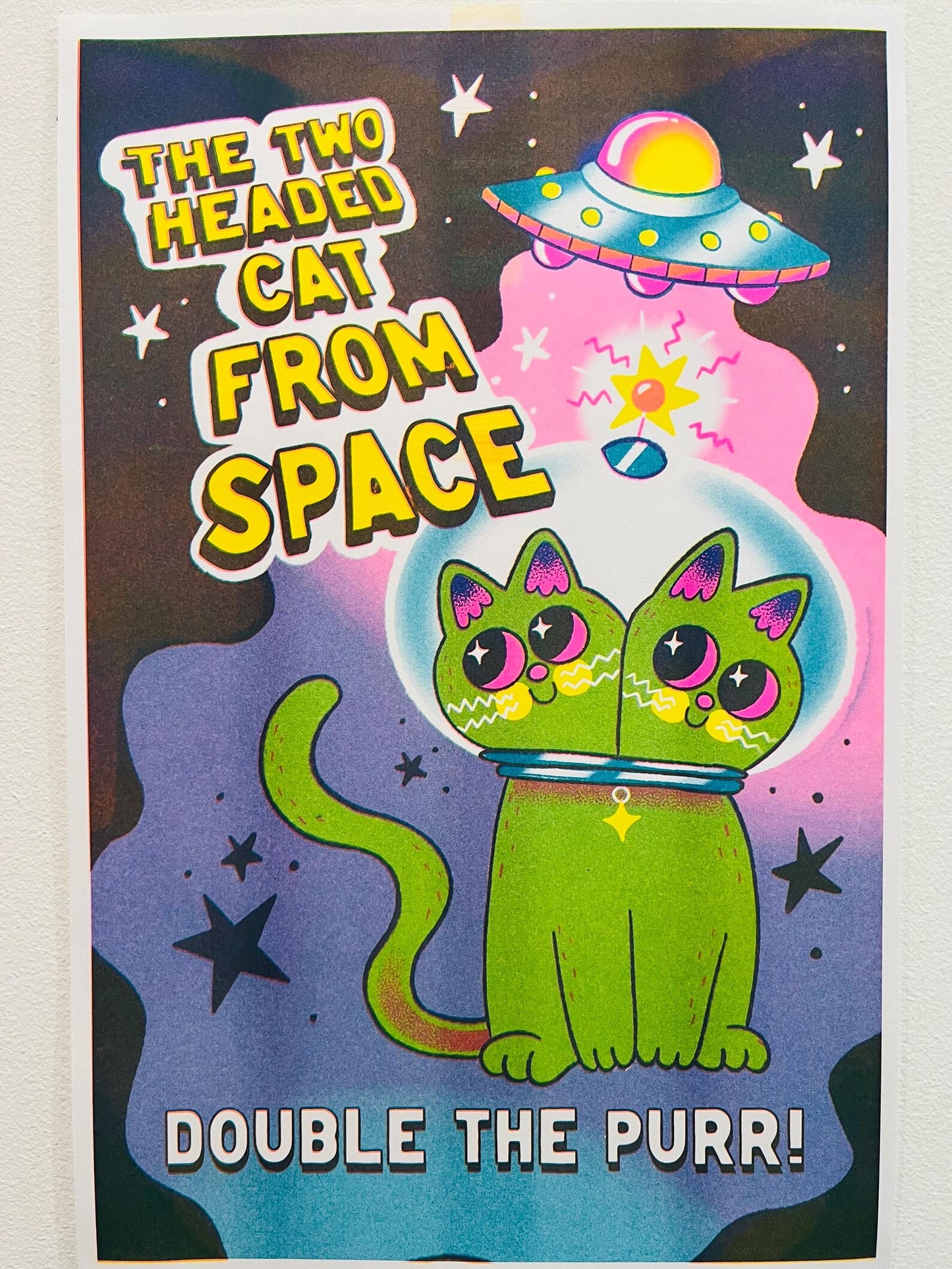 Two Headed Cat from Outer Space risograph print